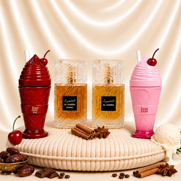Set 4 Parfumuri Orientale (2x Dama + 2x Barbat) - JamJam red/pink + 2 x Al Hamra