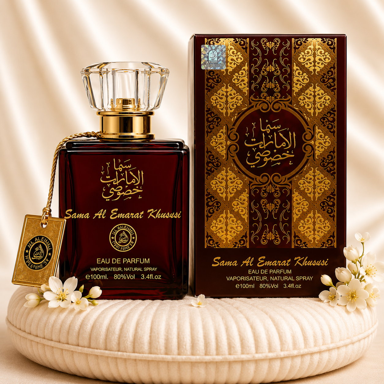 Set of two women’s oriental perfumes by ZEIRA, Sama Al Emarat Khususi and Lailat Al Ahlam, featuring elegant perfume bottles.