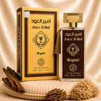 Set of two oriental perfumes for women and men by ZEIRA, featuring Ameer Al Oud and Al Khaleej, in elegant bottles.