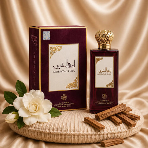 Ameerat al Sharq Oriental Parfum by ZEIRA in a 100ml elegant bottle, displayed with intricate design and luxurious packaging.