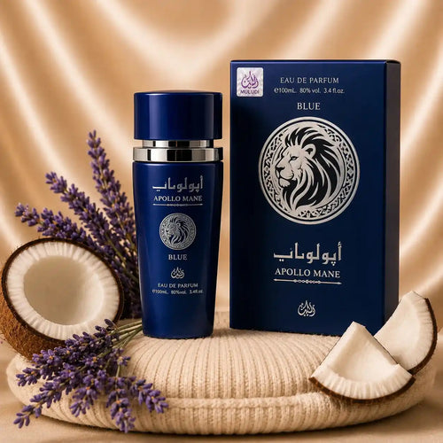 ZEIRA Apollo Mane Blue Parfum Oriental for men, 100 ml bottle with sleek design and blue accents.