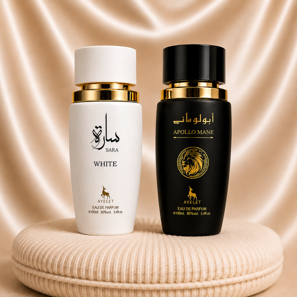 Set of two ZEIRA oriental perfumes for women and men, featuring Sara White and Apollo Mane Black bottles.