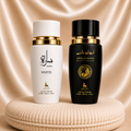 Set of two ZEIRA oriental perfumes for women and men, featuring Sara White and Apollo Mane Black bottles.