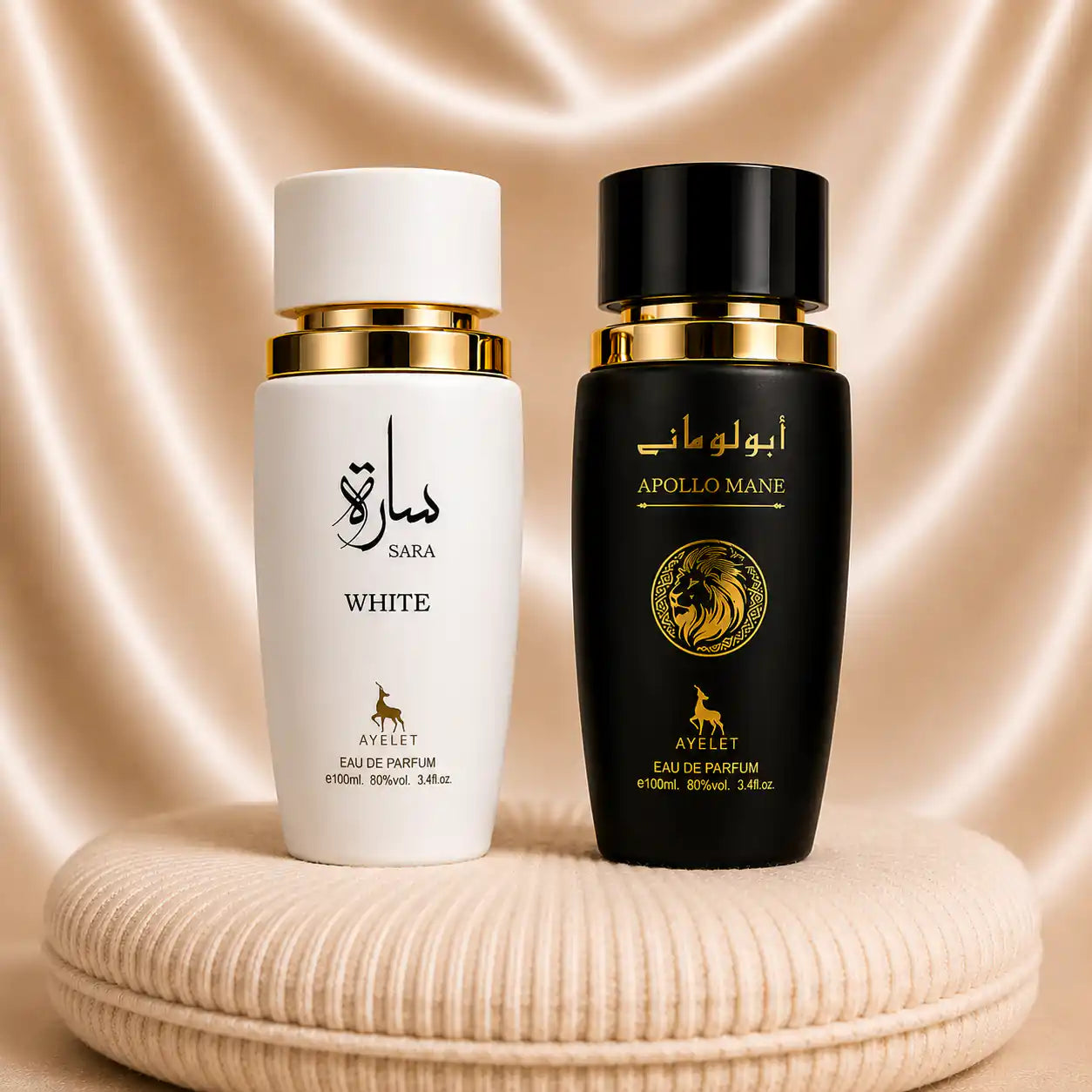 Set of two ZEIRA oriental perfumes for women and men, featuring Sara White and Apollo Mane Black bottles.