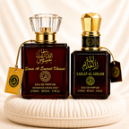 Set of two women's oriental perfumes by ZEIRA, featuring Sama Al Emarat Khususi and Lailat Al Ahlam fragrances with elegant bottles.