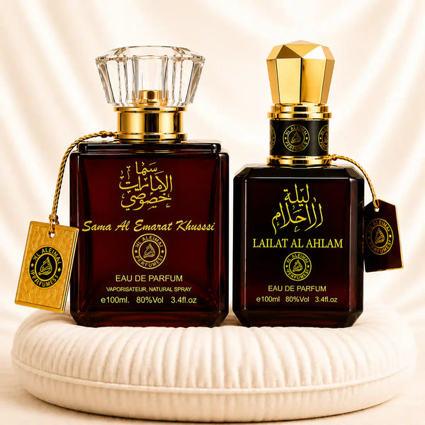 Set of two women's oriental perfumes by ZEIRA, featuring Sama Al Emarat Khususi and Lailat Al Ahlam fragrances with elegant bottles.