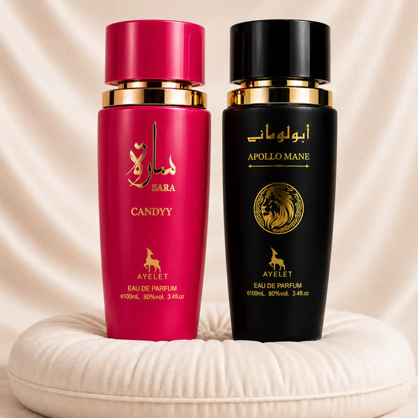 Set of two oriental perfumes for women and men by ZEIRA, featuring Sara Candy and Apollo Mane Black bottles.