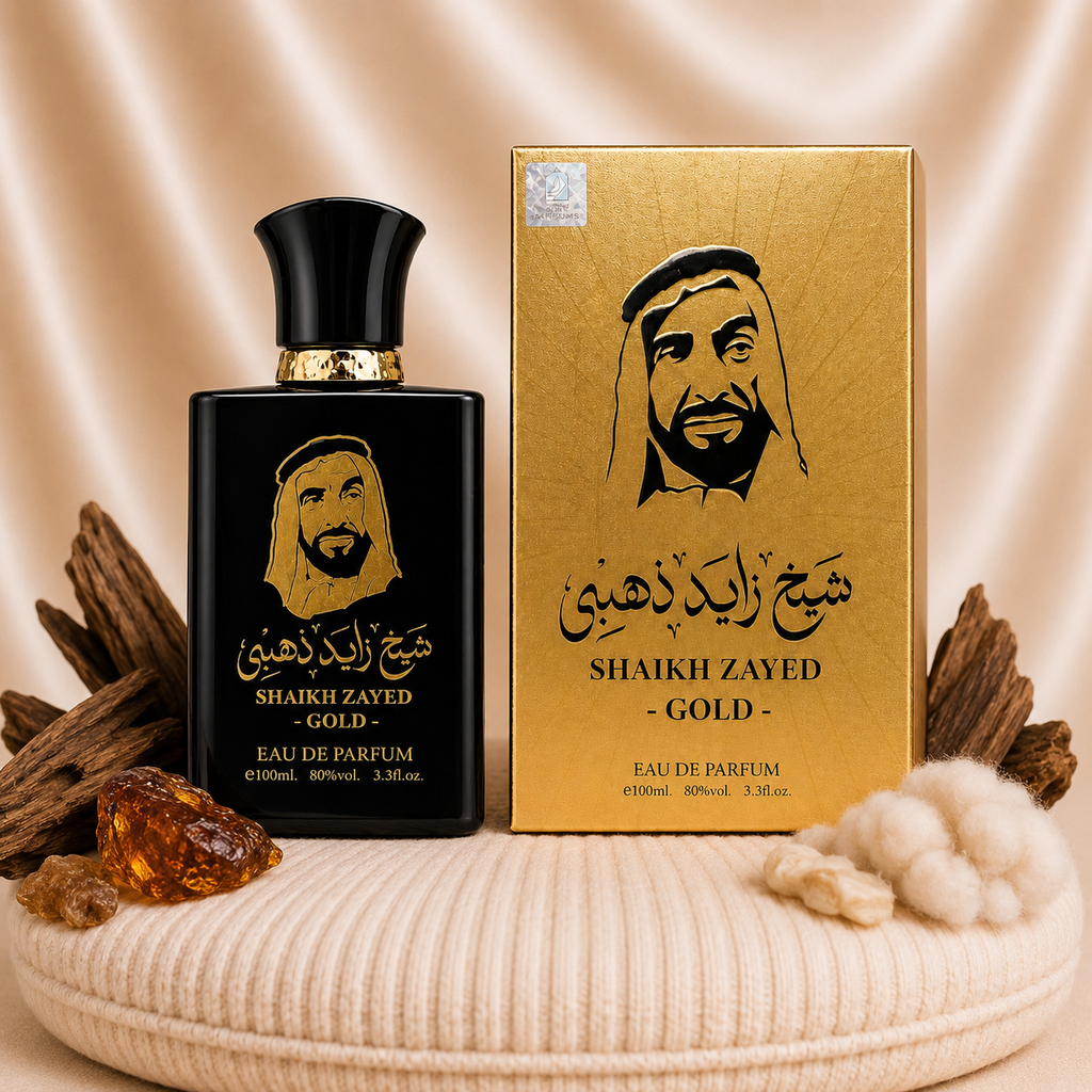 Set of two Zeira oriental men's perfumes, Malik Al Lail and Shaikh Zayed Gold, displayed in decorative bottles.
