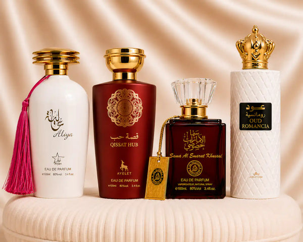 Set of four oriental women’s perfumes by ZEIRA including Qissat Hub Red, Aliya, Sama Al Emarat, and Oud Romancia.