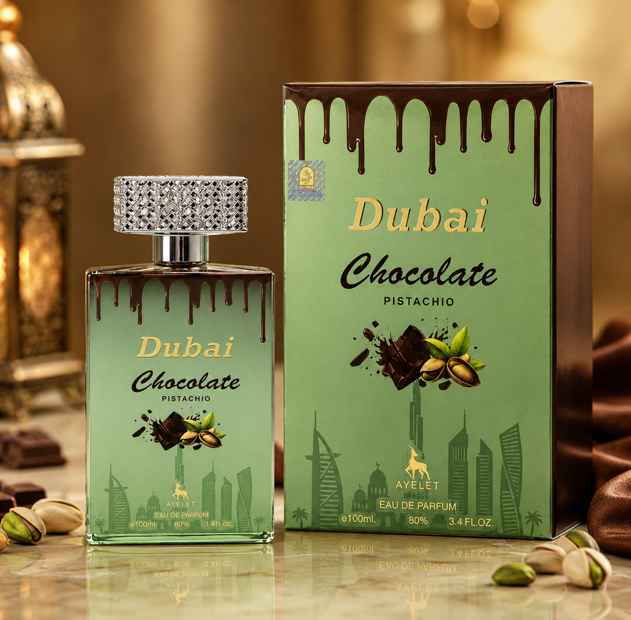ZEIRA Dubai Chocolate Pistachio unisex oriental parfum bottle with elegant packaging and a luxurious design.