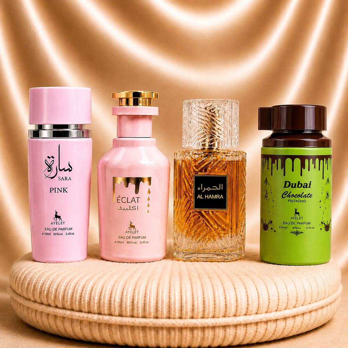 Set 4 Parfumuri Orientale (2x Dama + 2x Barbat) - Sara Pink + Eclat + Al Hamra + Dubai Chocolate pistachio