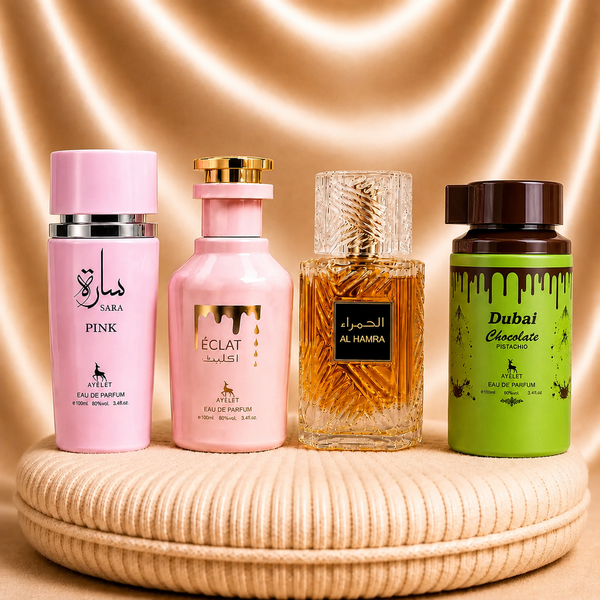 Set 4 Parfumuri Orientale (2x Dama + 2x Barbat) - Sara Pink + Eclat + Al Hamra + Dubai Chocolate pistachio