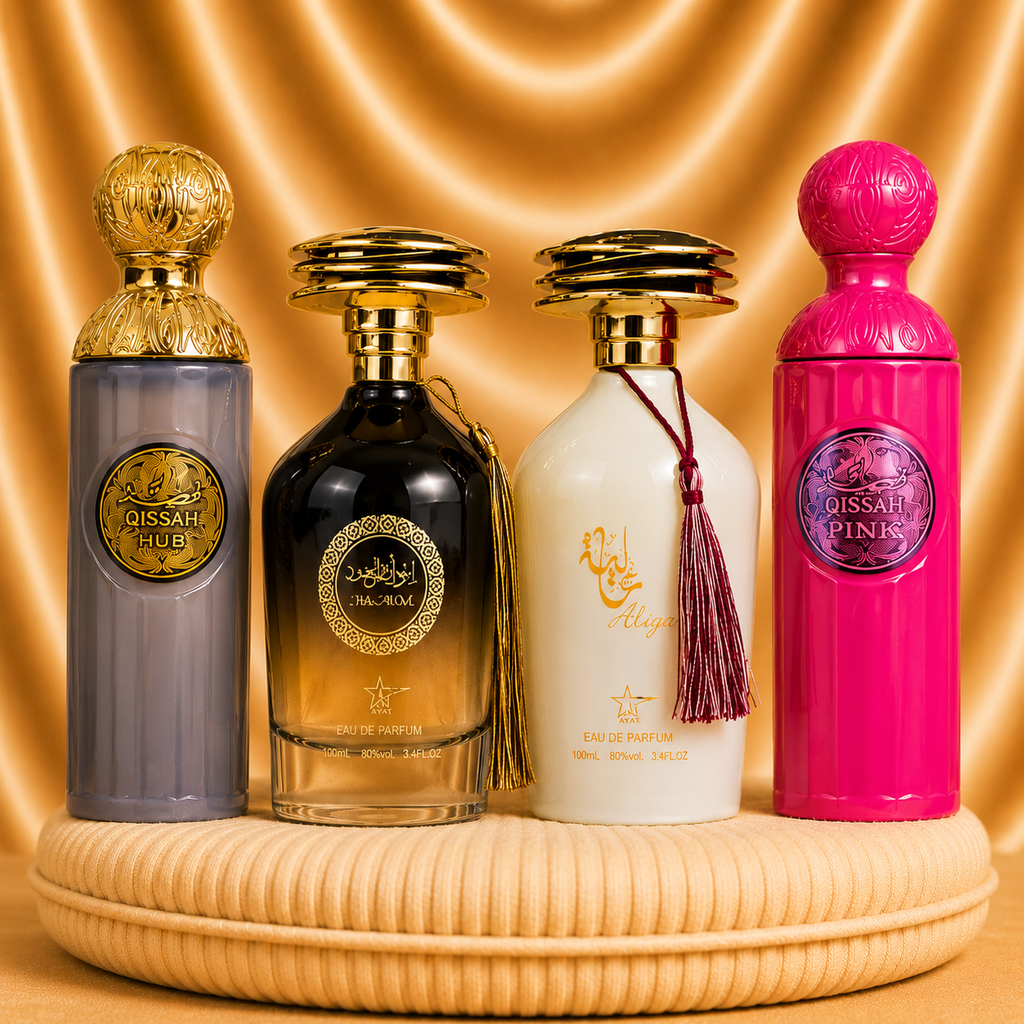 Set of four ZEIRA oriental perfumes including Qissah Grey, Ibda Al Oud, Aliya, and Qissah Pink bottles displayed.