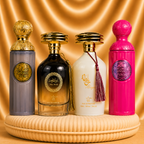 Set of four ZEIRA oriental perfumes including Qissah Grey, Ibda Al Oud, Aliya, and Qissah Pink bottles displayed.