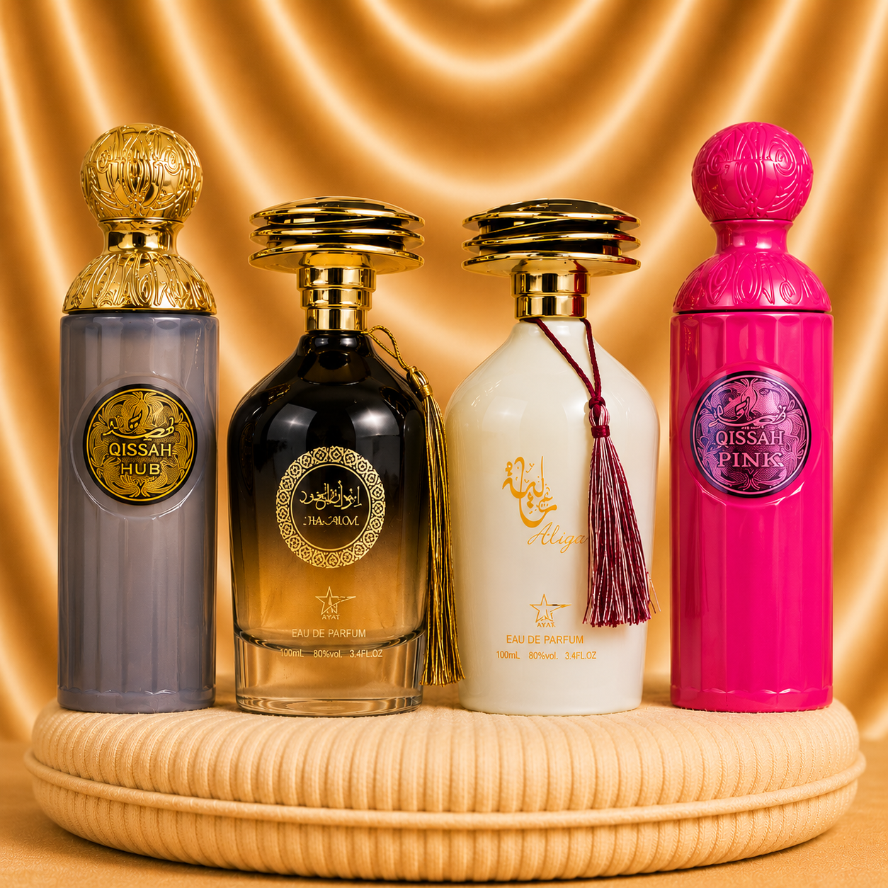 Set of four ZEIRA oriental perfumes including Qissah Grey, Ibda Al Oud, Aliya, and Qissah Pink bottles displayed.