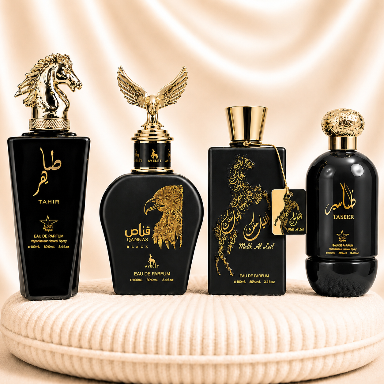 Set of four oriental men's perfumes including Tahir, Qannas Black, Taseer, and Malik Al Lail by ZEIRA, displayed in bottles.