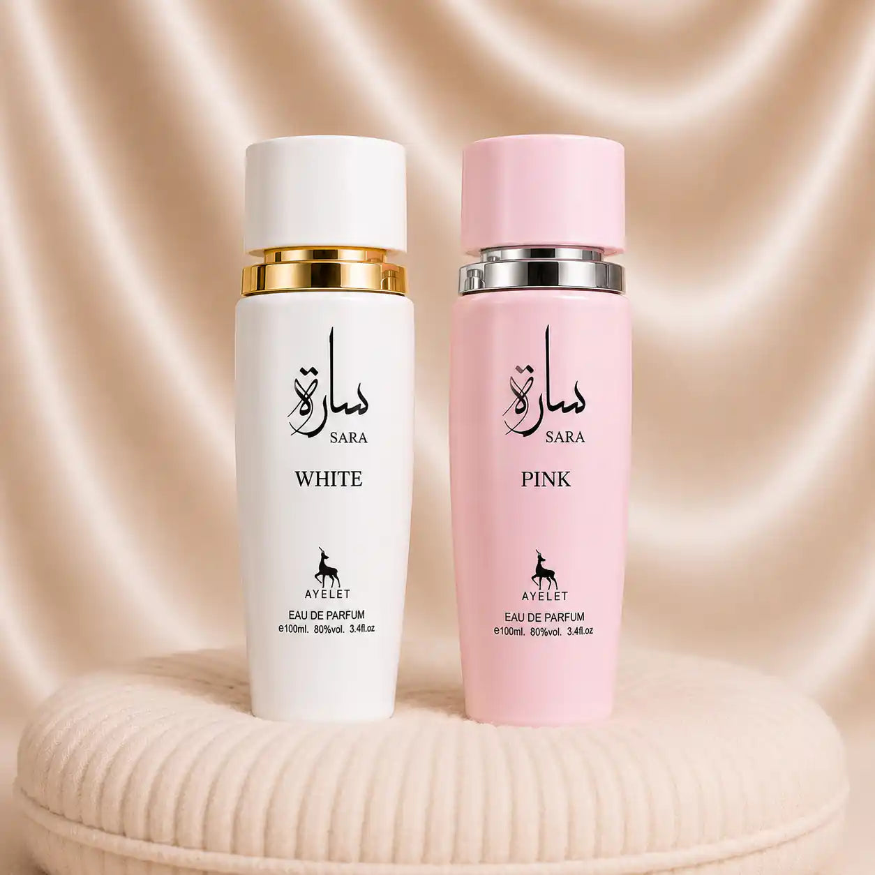 Set of two ZEIRA Oriental perfumes for women featuring Sara White and Sara Pink bottles, elegant and fragrant.