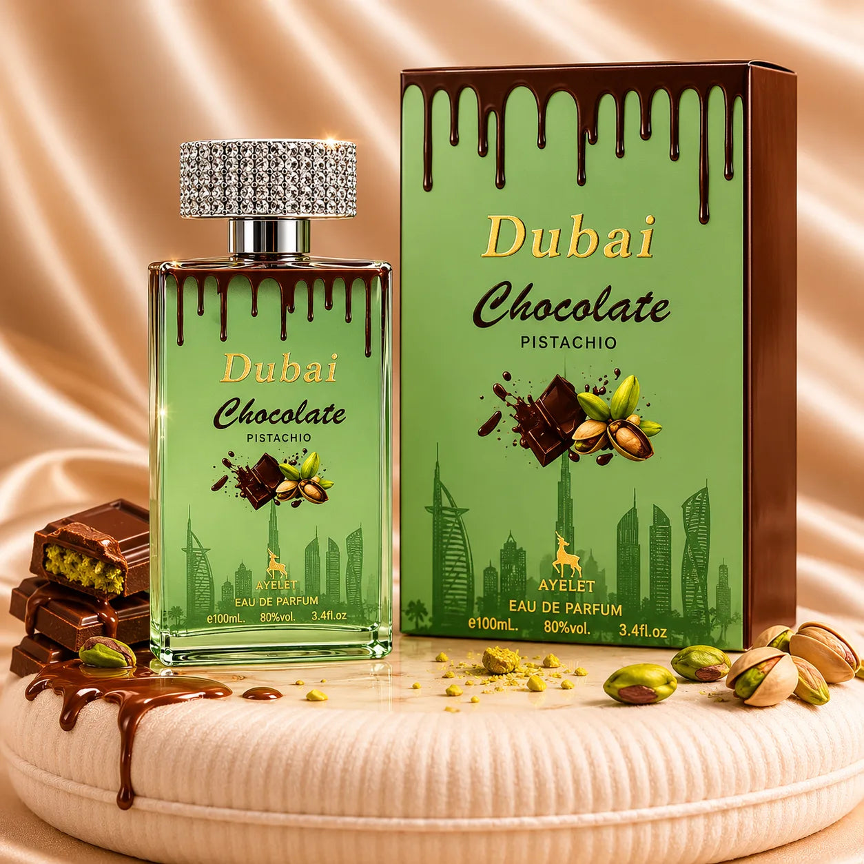 Set of four ZEIRA oriental perfumes including Dubai Chocolate Pistachio, Sara Two, Sara Candy, and Dama fragrances.