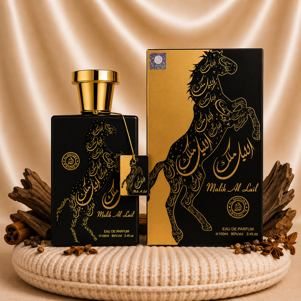 Set of two ZEIRA oriental men's perfumes, Malik Al Lail and Shaikh Zayed Gold, featuring elegant bottles and luxurious packaging.