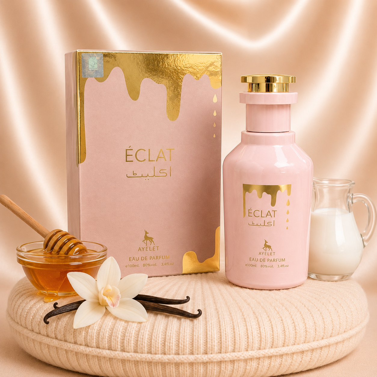 Set of four Zeira oriental perfumes including Sara Pink, Eclat, Al Hamra, and Dubai Chocolate pistachio bottles.