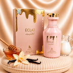 Set of four Zeira oriental perfumes including Eclat, Sara Two, Sara Candy, and Dubai Chocolate Pistachio bottles.