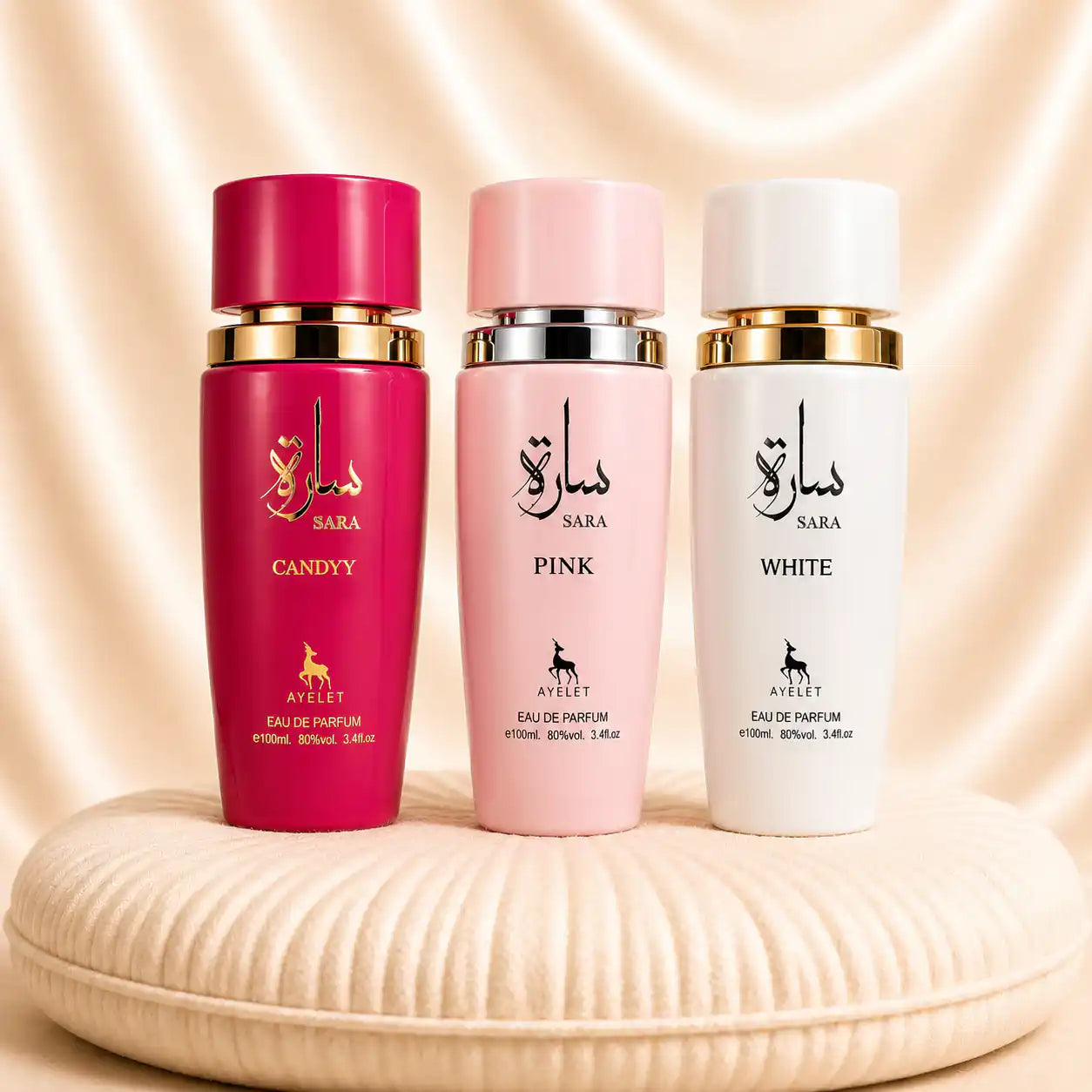 Set of three ZEIRA Oriental Lady perfumes featuring Sara Candy, Sara Pink, and Sara White bottles.