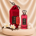 Set of three feminine oriental perfumes by ZEIRA: Mousuff Red, Qissah Pink, and Mousuff Pink, featuring elegant perfume bottles.