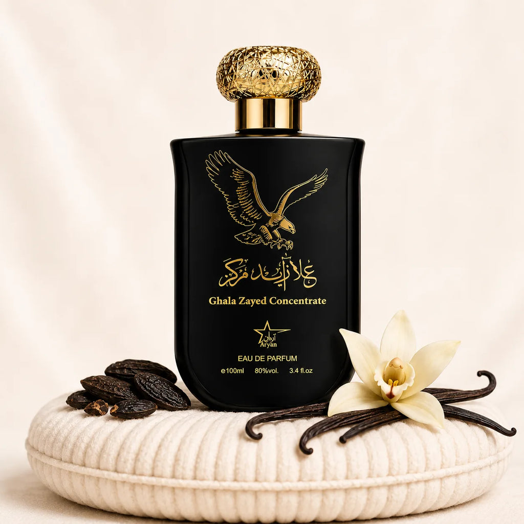 Bottle of ZEIRA Ghala Zayed Concentrated Parfum Oriental Barbatesc in 100 ml bottle, with elegant label and cap.