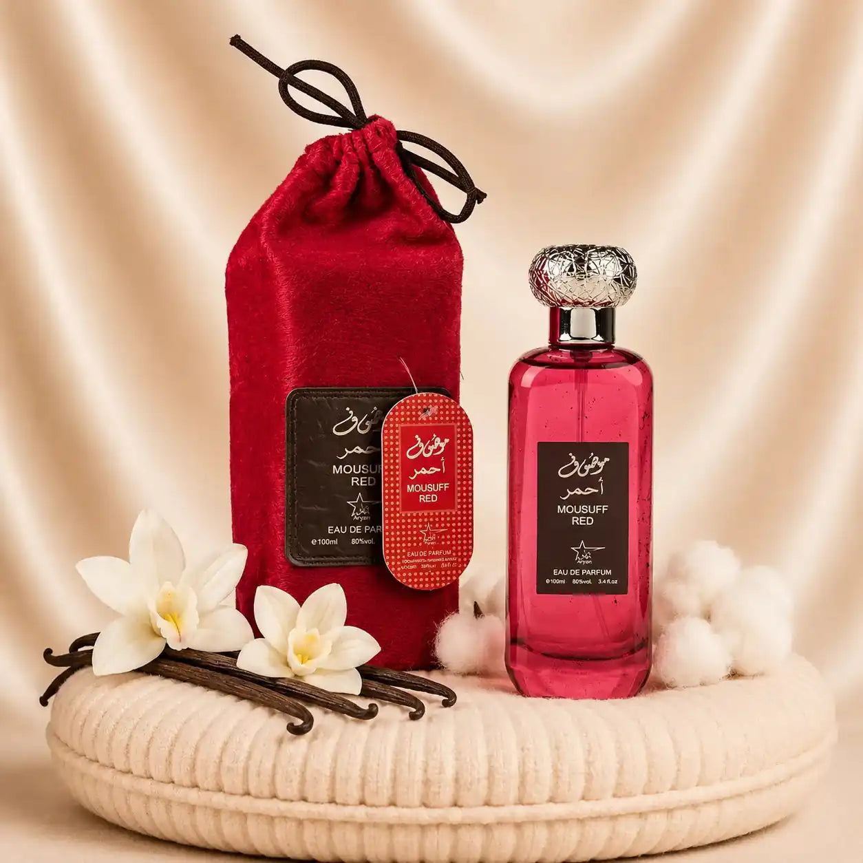 ZEIRA Mousuff Red oriental perfume bottle with a sleek pink and red design, part of the Set 4 Parfumuri Orientale Dama collection.