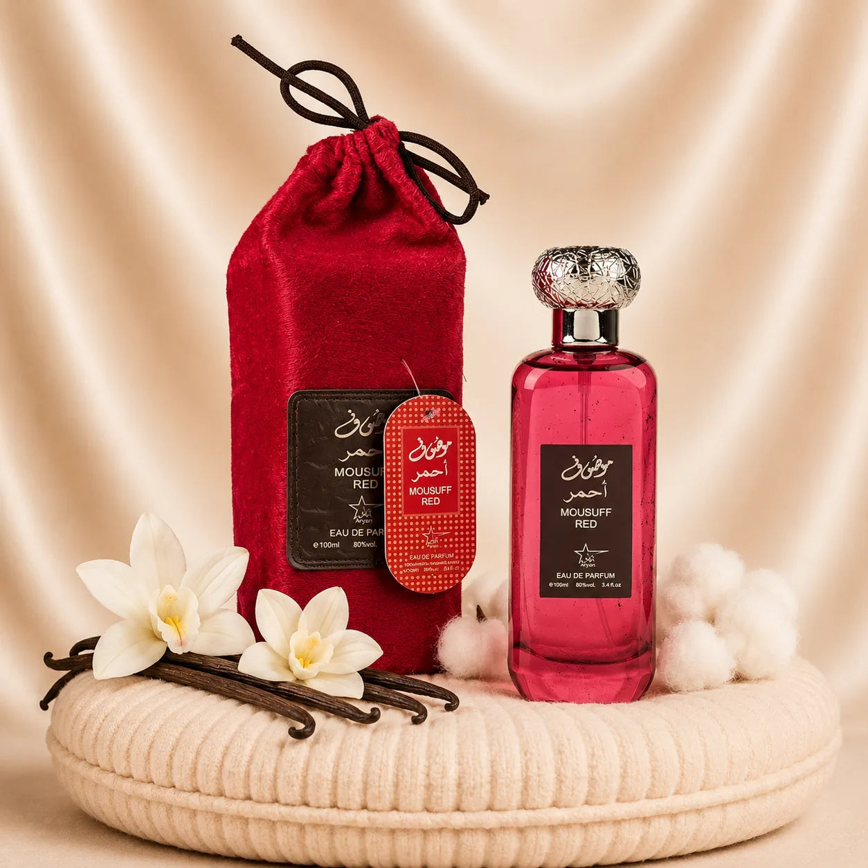 ZEIRA Mousuff Red oriental perfume bottle with a sleek pink and red design, part of the Set 4 Parfumuri Orientale Dama collection.
