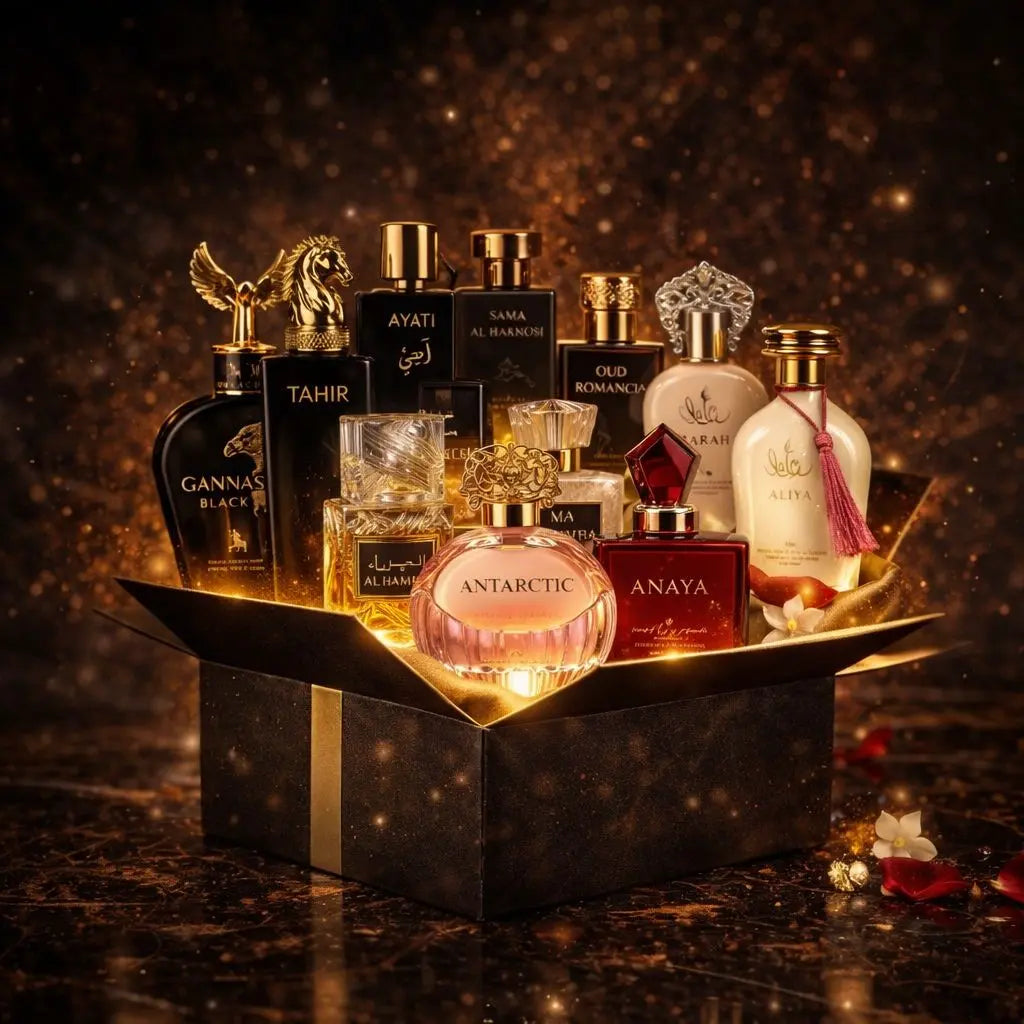 Zeira Mystery Box VIP featuring 10 top Arabest fragrances for women and men, with free shipping, shown in the image.