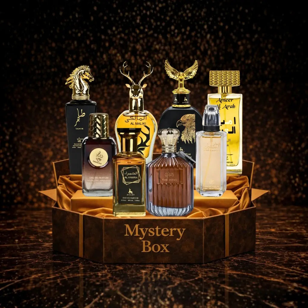 Zeira mystery box featuring 8 top Arabesti perfumes for men, with free shipping, shown in the image.