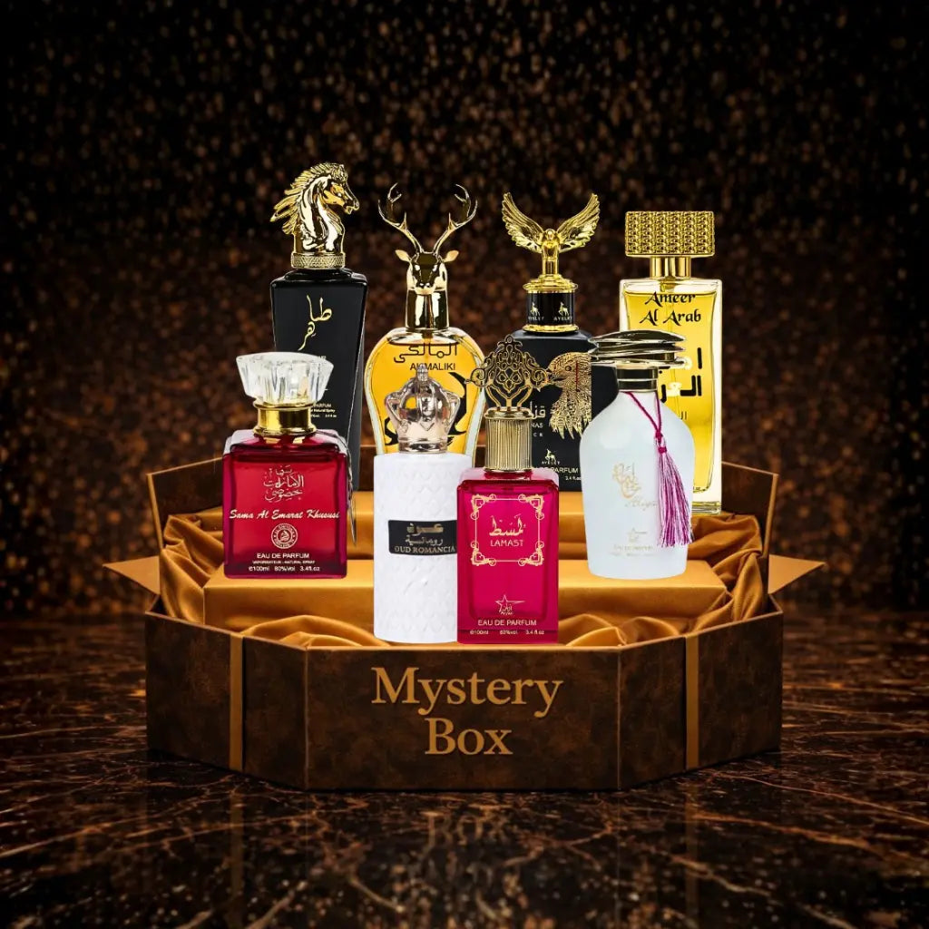 Zeira mystery box with eight top Arabest parfumuri bottles, featuring a variety of fragrances in a colorful display.