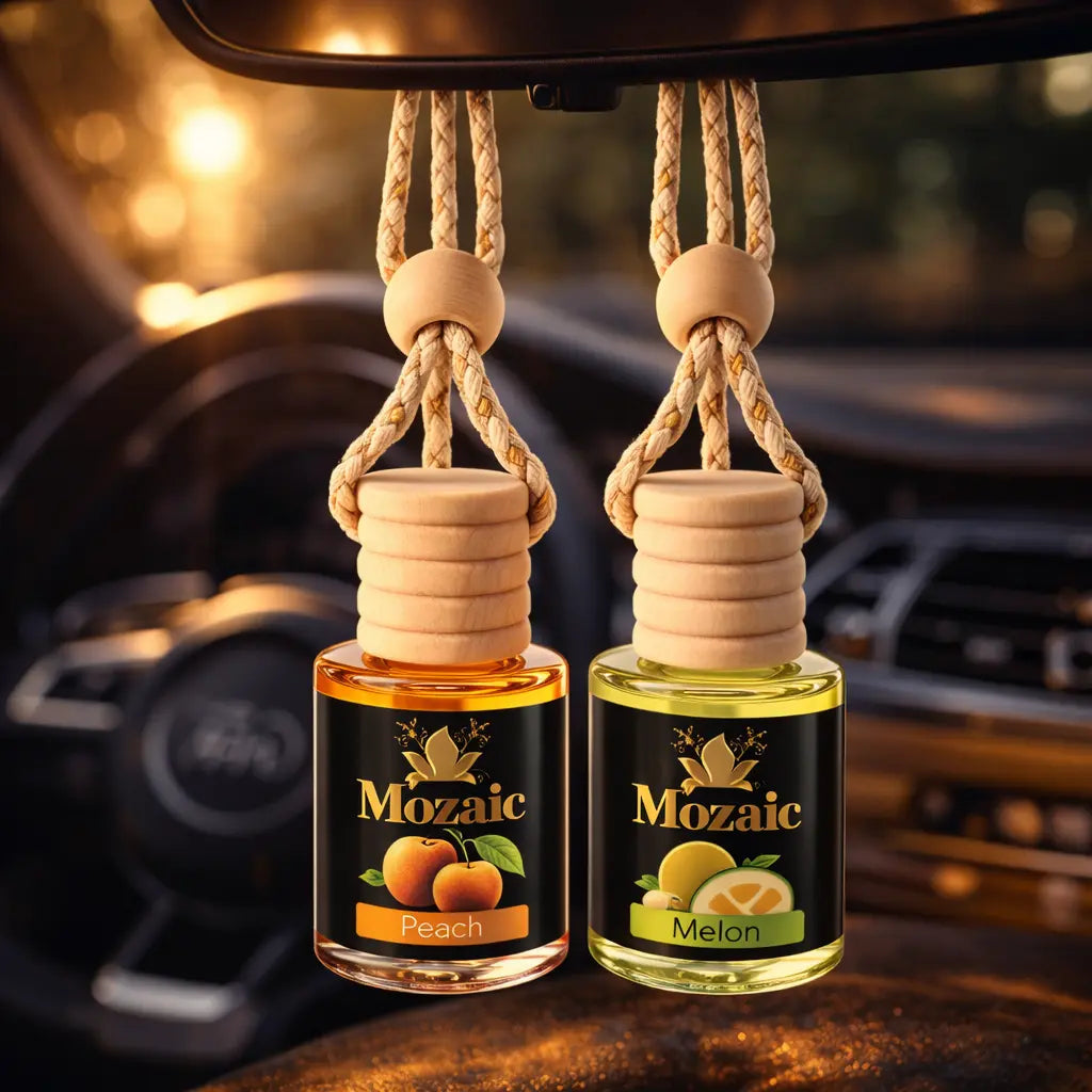 Set of two ZEIRA auto odorizer sprays with peach and melon scents, designed to freshen car interiors with natural fragrances.