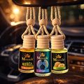 Set of three ZEIRA auto air fresheners with mango, angel, and melon scents, featuring colorful, decorative designs for car interior freshness.