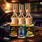 Set of three ZEIRA auto air fresheners with mango, angel, and melon scents, featuring colorful, decorative designs for car interior freshness.