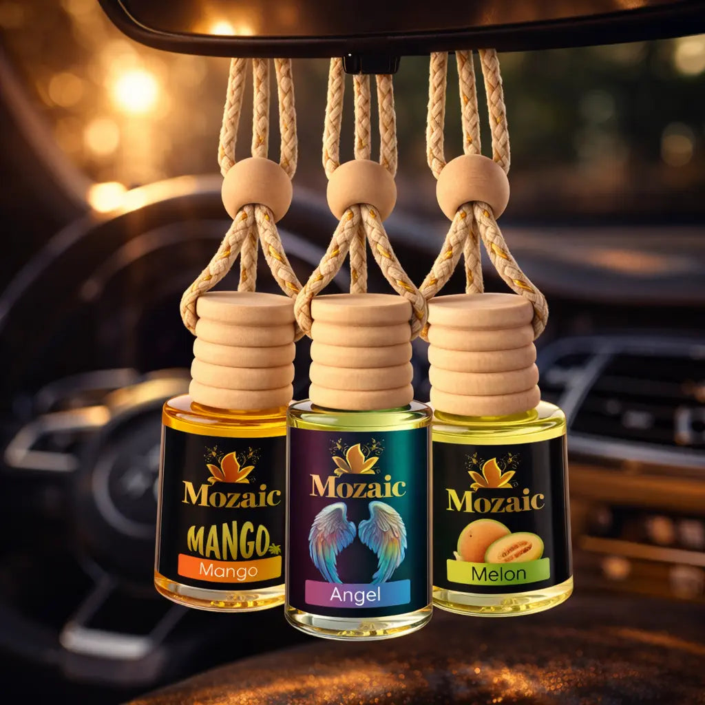 Set of three ZEIRA auto air fresheners with mango, angel, and melon scents, featuring colorful, decorative designs for car interior freshness.