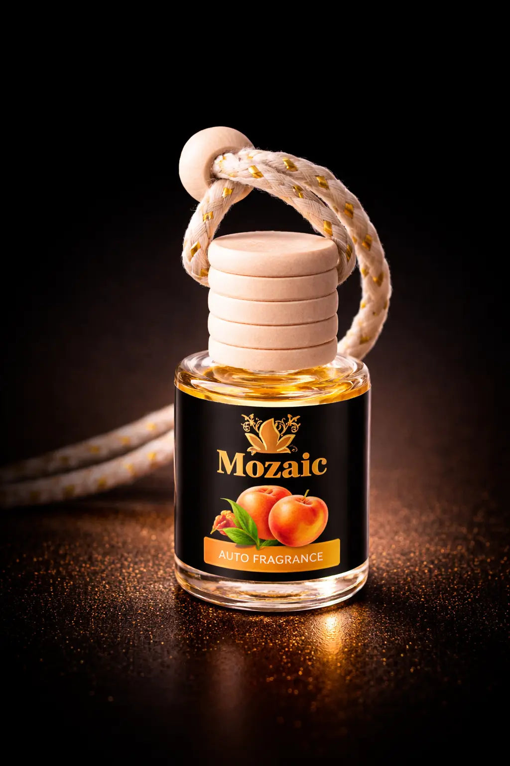 ZEIRA Peach auto air freshener odorizant hanging in a car, providing a fresh peach scent for the vehicle interior