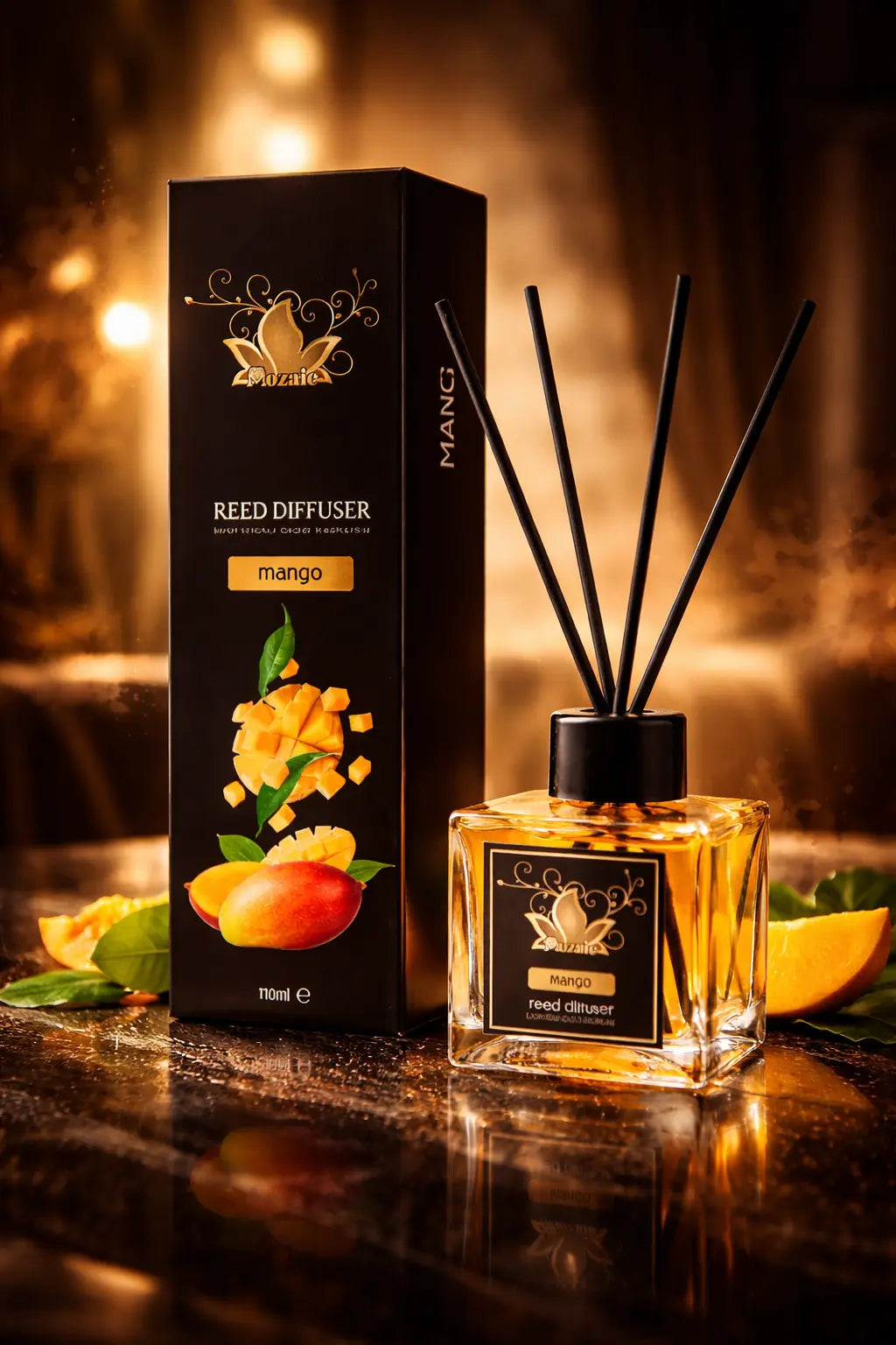 ZEIRA Parfum Ambiental Premium Mango diffuser spray with a sleek bottle and fresh mango scent.