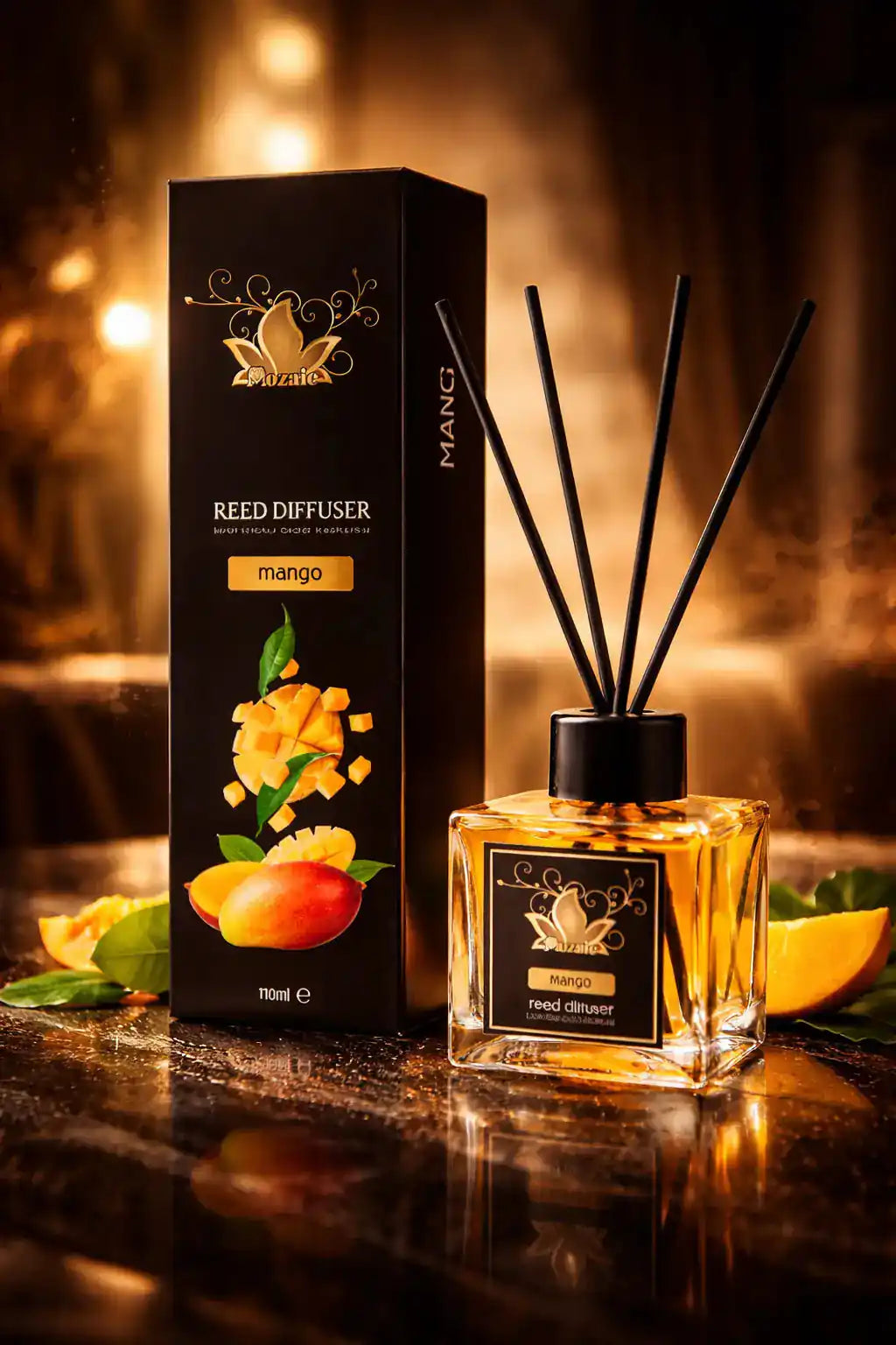 ZEIRA Parfum Ambiental Premium Mango diffuser spray with a sleek bottle and fresh mango scent.