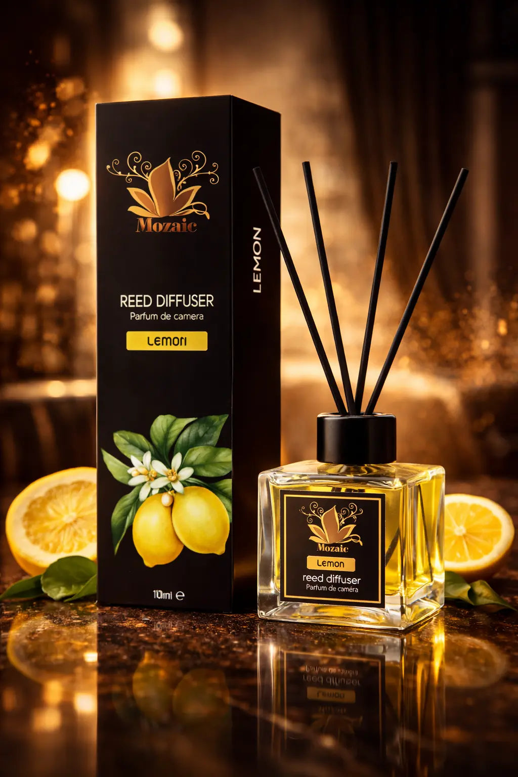 ZEIRA Parfum Ambiental Premium with lemon scent, featuring a sleek bottle design for fresh, citrusy home fragrance.