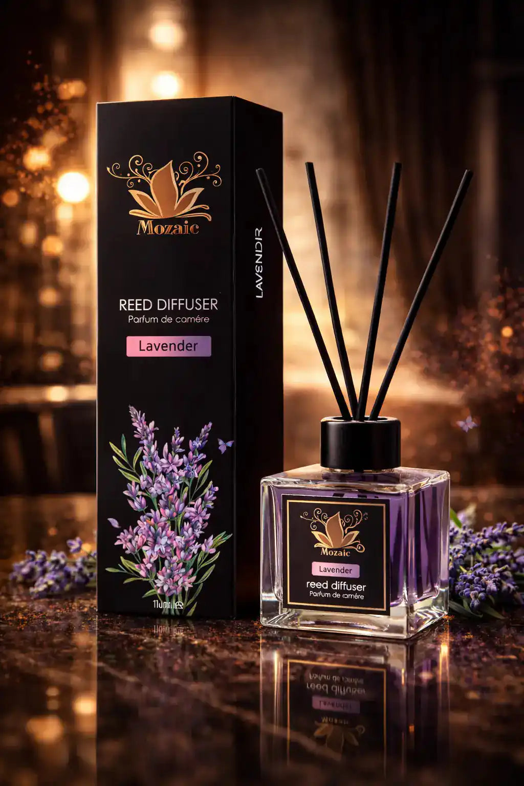 ZEIRA Parfum Ambiental Premium with lavender scent, elegant glass bottle emitting a calming lavender fragrance.