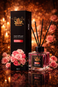 ZEIRA Parfum Ambiental Premium with elegant rose scent, featuring a decorative bottle and floral design for ambient fragrance.