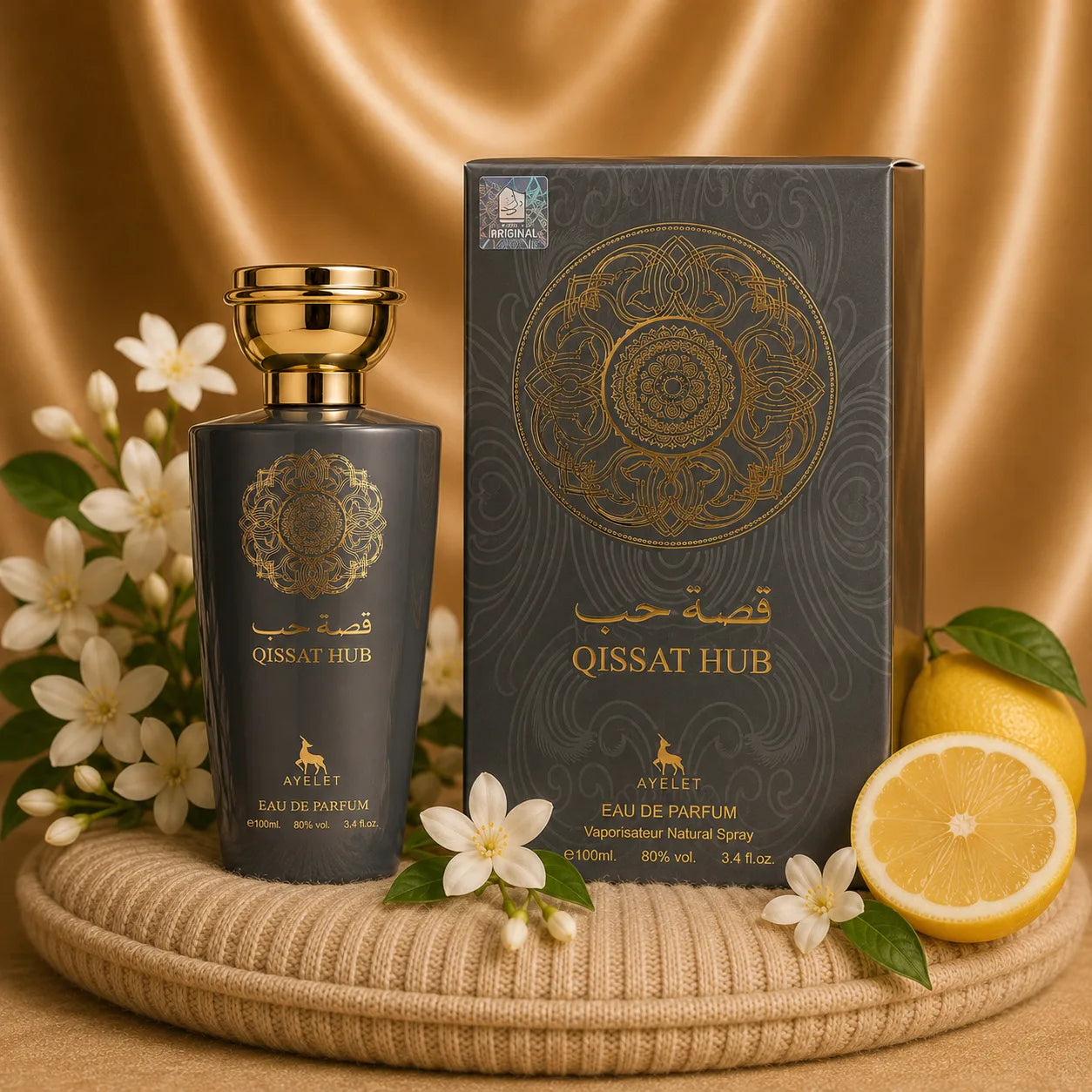 Qissat Hub Grey Parfum Oriental by ZEIRA, 100 ml bottle, featuring sleek design and elegant packaging.