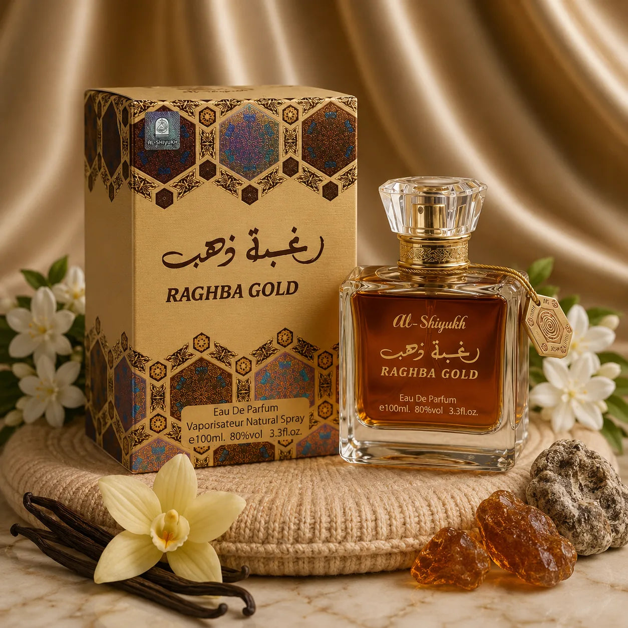 Raghba Gold Parfum Oriental Dama 100ml bottle by ZEIRA, featuring a sleek gold and black design container.