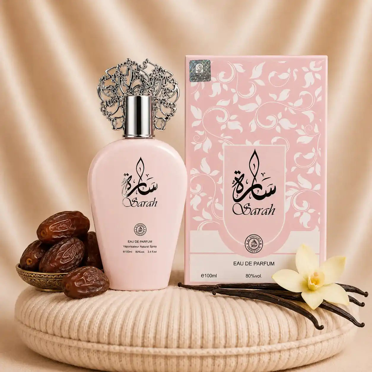 Set of four women's oriental perfumes including Sarah, Oud Romancia, Aliya, and Sara Pink by ZEIRA, displayed in bottles.