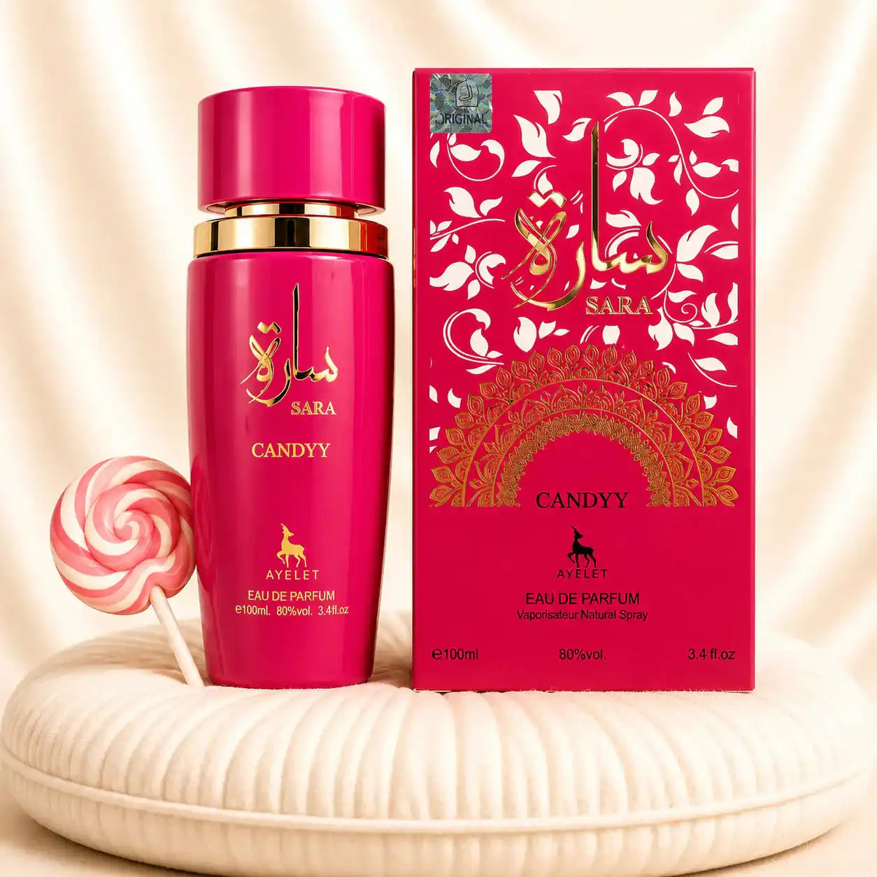 Set of four oriental women's perfumes by ZEIRA including Sara Candy, Sara Pink, Mousuff Pink, and Mousuff Red with colorful bottles.