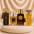 Set of four oriental men's perfumes including Ameer Al Arab Elixir, Al Hamra Royal, Dirham Oud, and Ameer Al Oud by ZEIRA.