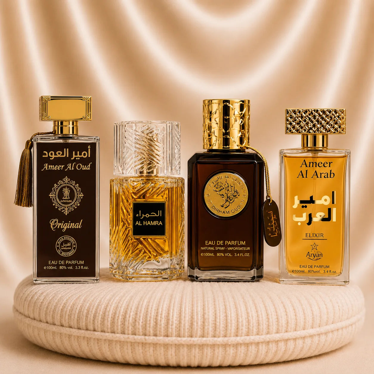 Set of four oriental men's perfumes including Ameer Al Arab Elixir, Al Hamra Royal, Dirham Oud, and Ameer Al Oud by ZEIRA.