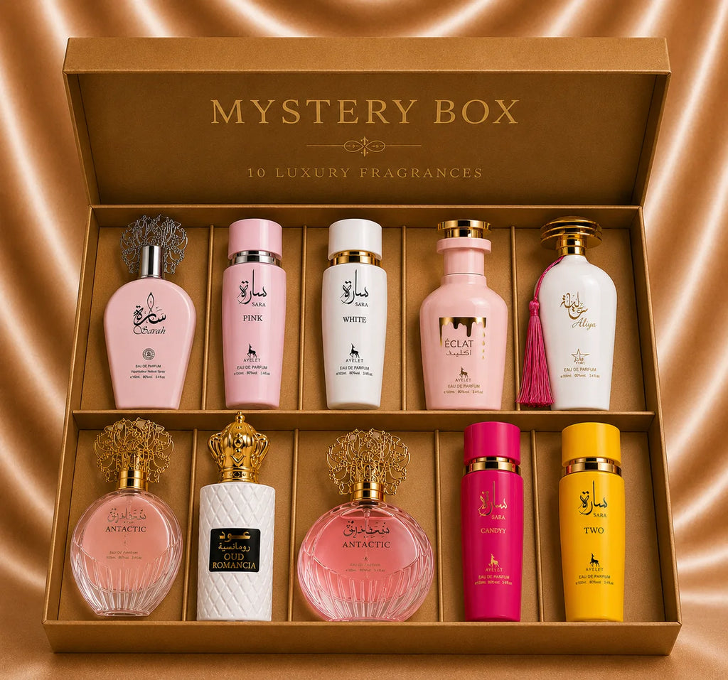 Zeira Mystery Box VIP with 10 top Arabest parfumuri de dama, featuring elegant bottles and free shipping.